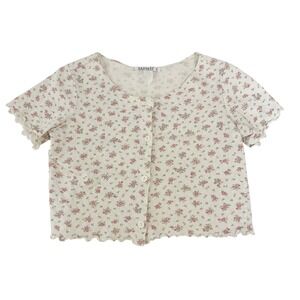 Vintage 90s Rampage Floral Pointelle Crop Top Lettuce Hem Flower Buttons SMALL